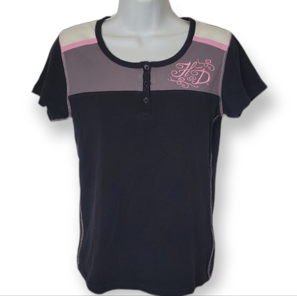 Harley Davidson Embroidered Gray Pink Black Biker T-shirt